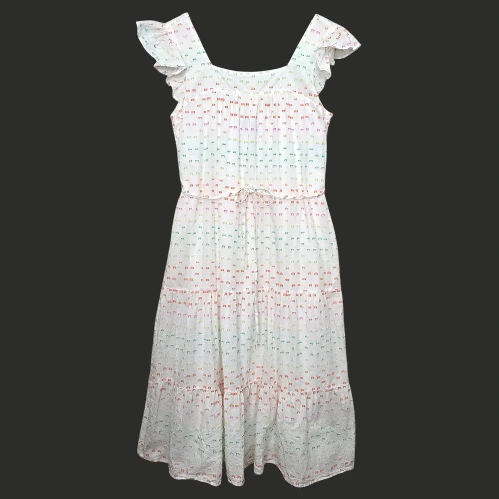 Draper James Rainbow Dot Tiered Midi Dress White Flutter Sleeves Pockets - Picture 1 of 15